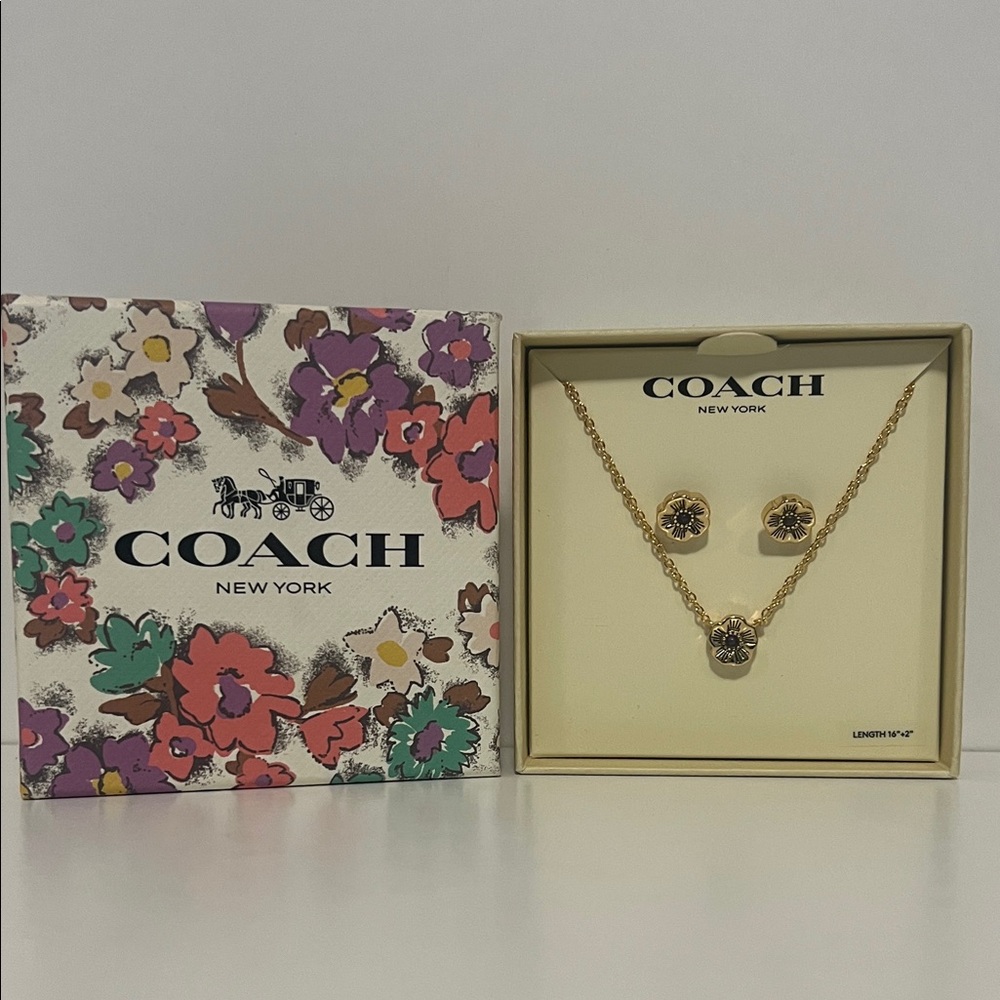 Coach Tea Rose Purple Stone Gold Tone Floral Pendant Necklace and Earrings Set